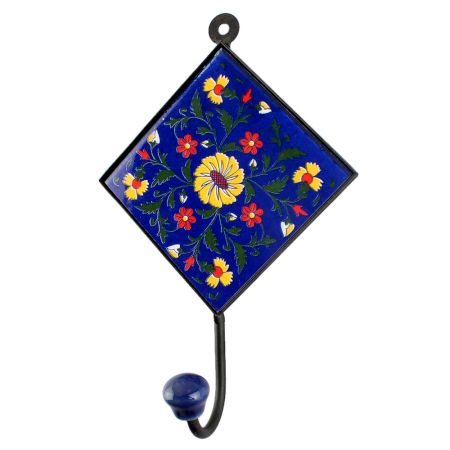 Navy Blue Ceramic Floral Tile Hook